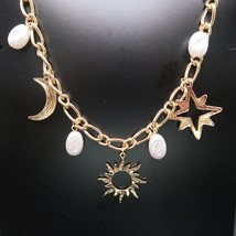 Celestial Goldtone Faux Pearl Necklace Moon Stars 8 Inch Fashion Jewelry - $16.62