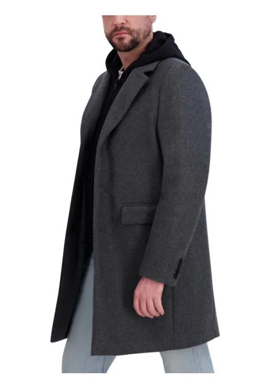 DKNY Mens Overcoat Gray Faux Wool Pockets Removable Bib Hood Heavyweight Item image 3