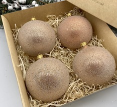 Set of 4 beige Christmas glass balls, hand painted ornaments with gifted... - £44.82 GBP