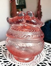 Vintage Pink Glass Kissing Love Birds on Nest Covered Candy Trinket Dish 5.25&quot; H - £14.87 GBP