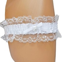 Satin Leg Garter Lace Ruffle Trim Mini Bow Faux Jewel Flower Accent White 3555 - £6.42 GBP