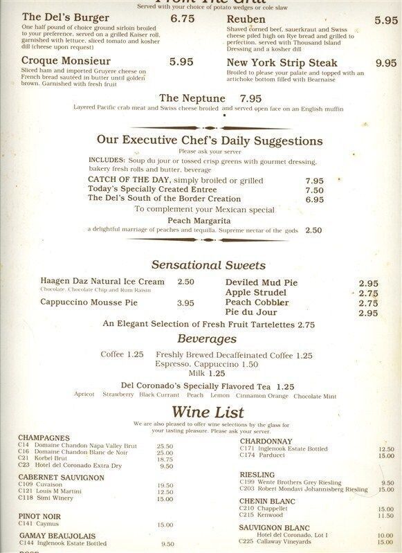 Crown Room Menu Hotel del Coronado 1985 San Diego California Menus