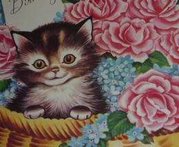Kitten in Basket of Pink Roses &amp; Forget-Me-Nots Vintage 1950&#39;s Birthday Card  - £5.93 GBP