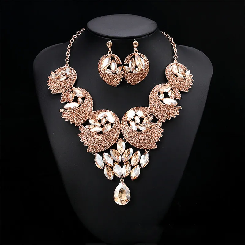 Luxury Colorful Crystal Feather Jewelry Sets Necklace Earrings Bridal Wedding Rh - $48.84