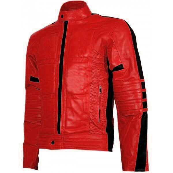 Men Red Motor Biker Perforated Black Linings Real Leather Safety Pads Jacket