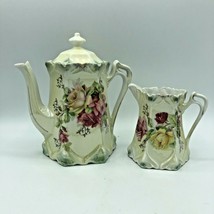 Rare G. Wiegand Germany Gold Trim Floral Pitcher &amp; Creamer Set Red Lette... - £36.74 GBP