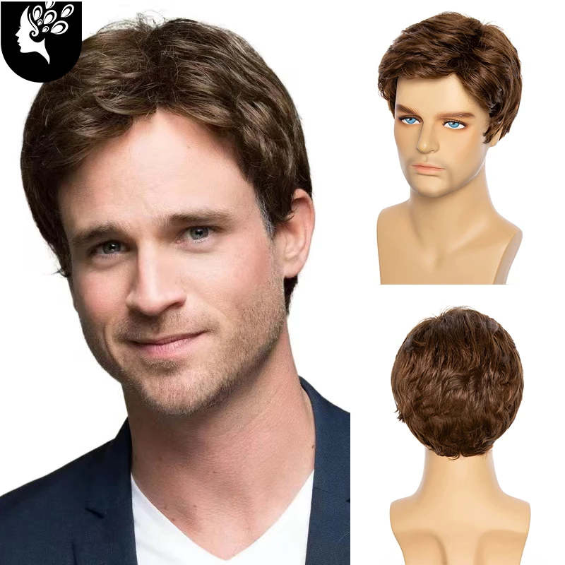 Short Dark Brown Synthetic Hair Wigs Natural Pixie Cut Toupee Straight Wave He - £18.62 GBP+