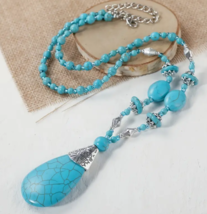 Gorgeous Natural Turquoise Long Teardrop-shaped Pendant Necklace Ethnic Style - £13.36 GBP