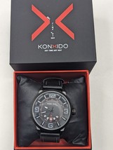 KONXIDO Mens Black Red Accents w/ black Leather Band Analog Quartz Watch KX6331 - £19.01 GBP