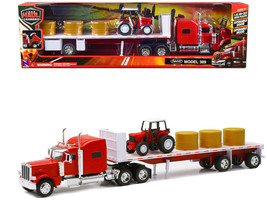 Peterbilt 389 Flatbed Truck Red w Farm Tractor Red Hay Bales Long Haul Trucker S - £49.63 GBP