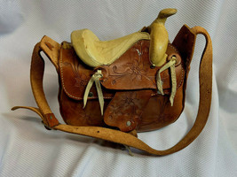 Vtg Cowgirl Unique Western Hand Tooled Leather Mini Saddle Shoulder Bag Purse - £95.88 GBP