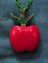 Mod Pop Art Painted Wooden Apple Pendant Necklace on a Green Chain 1960s vintage - £15.68 GBP