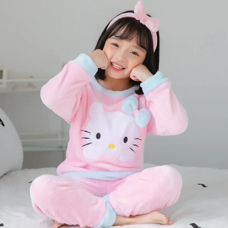 Sanrios Hello Kitty Children Winter Flannel Pajamas Boys and Girls Cartoon Coral - £15.84 GBP