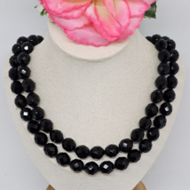 Vintage Jet Black Faceted Glass Beaded 2 Strand Choker Necklace Rhinestone Clasp - £18.74 GBP