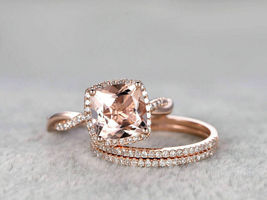 3.50CT Cushion Cut Peach Morganite Bridel Engagement Ring Set 14k Rose Gold Over - £81.63 GBP