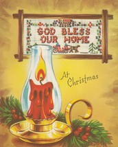 Vintage Christmas Card Sampler God Bless Our House Hurricane Lamp 1950&#39;s - $8.90