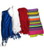 Womens Scarves Lot Rainbow Colorful Fluffy Blue Red White Yarn Fluted - $34.51 CAD