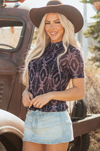 Brown Aztec Print Mock Neck Short Sleeve Mesh T Shirt - $6.83