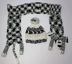 Doggy Puppy Winter Scarf and Pom Pom Beanie Hat Set Black White Gray - £6.02 GBP