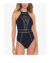 Salt + Cove Juniors Crochet Overlay One Piece Swimsuit Black Size S High Neck  - £27.65 GBP