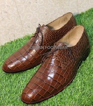 New Handmade Men&#39;s Formal Shoes Brown Crocodile Textured Leather Lace up Style  - £114.76 GBP