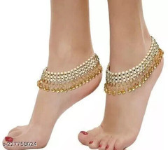 Indian Gold Plated Anklet Payal Pajeb Wedding Bridal Kundan Moti Jewelry Set m - £20.78 GBP