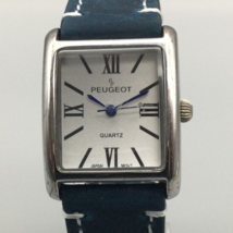 Peugeot Tank Watch Women 27mm Silver Tone Blue Leather Band New Battery - £23.48 GBP
