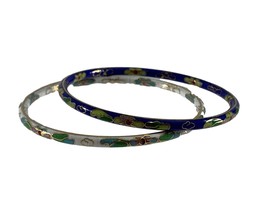 Lof of 2 Thin Cloisonne Bracelets Bangles Stackable Floral Blue White Floral - £11.83 GBP
