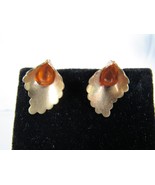 Vintage Screwback Earrings Brass with Orange Bead inside Cupped Leaf or ... - $10.55 CAD