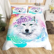Wolf Bedding Set Lotus Tie Dye Comforter Cover Mandala Flower Exotic Tribal Duve - £49.76 GBP