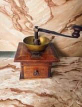 Antique Dovetail Wooden Coffee Grinder Hammered Brass Heart Iron Crank READ - $20.89