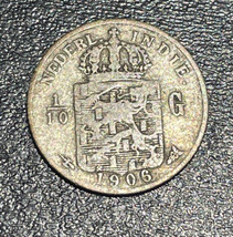 1906 Indonesia Netherlands East Indies Silver 1/10 Gulden Queen Wilhelmi... - £14.22 GBP