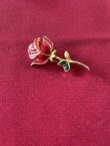 Vtg Brooch Enamel Red Rose Green Leaves Gold Tone Brooch Pin J196 - $5.89