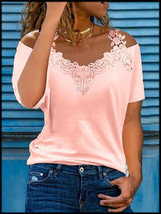 NEW Womens Pink Cold Shoulder Lace T-Shirt Blouse Tunic  M L XXL - £9.63 GBP