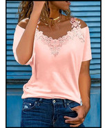 NEW Womens Pink Cold Shoulder Lace T-Shirt Blouse Tunic  M L XXL - $9.95