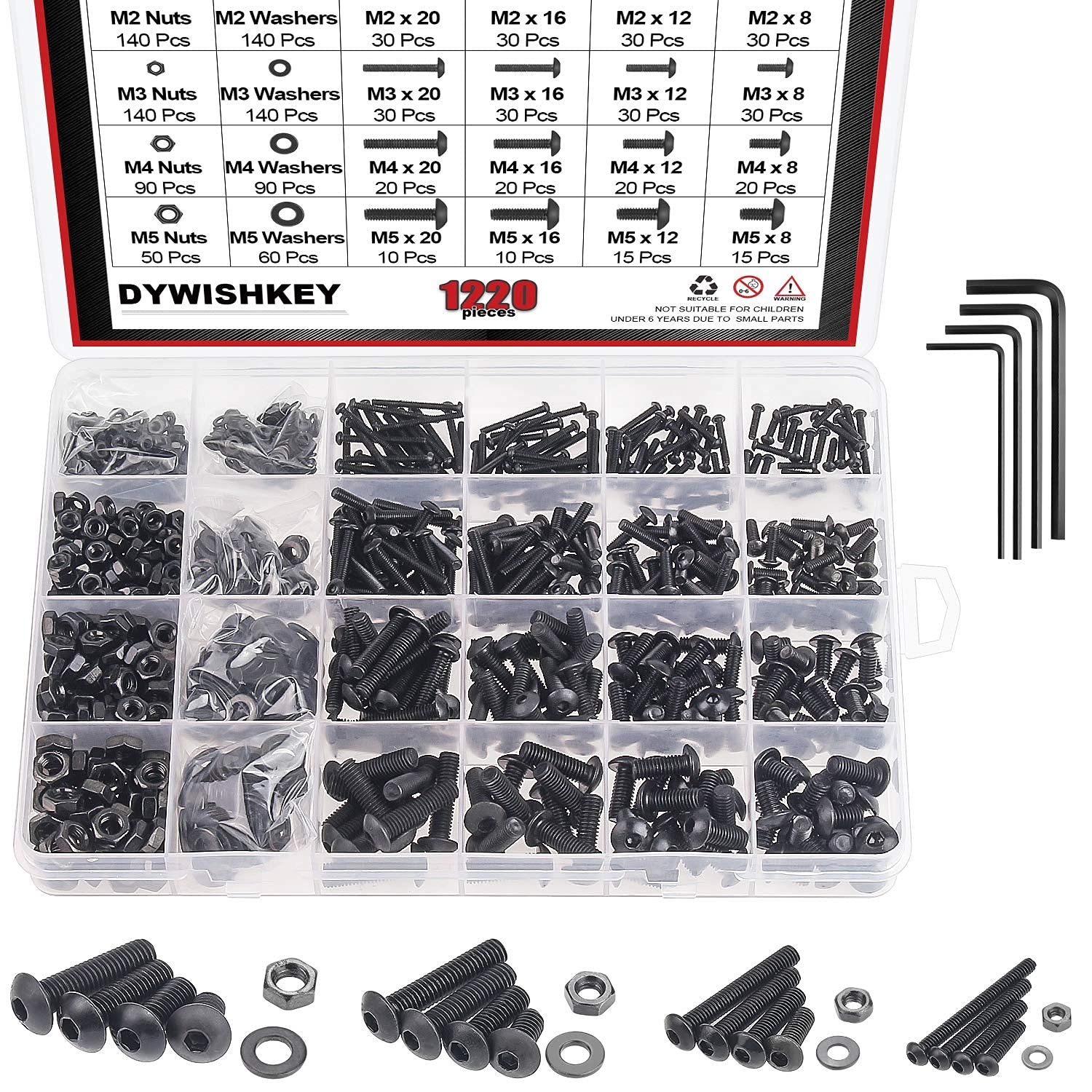 Dywishkey 1220 Pieces M2 M3 M4 M5, 10.9 Grade Alloy Steel Hex Button Hea... - $26.83
