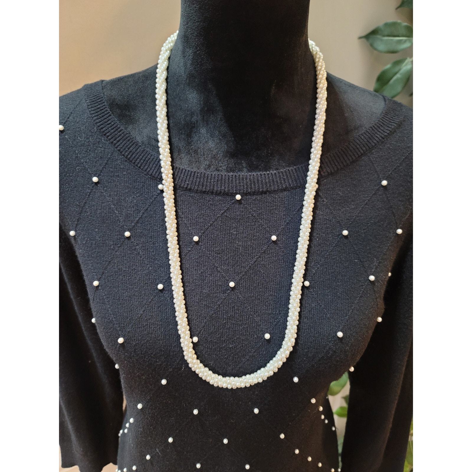 ELLE Sweater Women's Medium Black Pearl Embellished 34 Sleeve Pullover Knit Item image 3