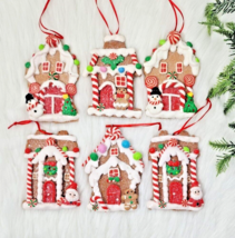 Gingerbread House Christmas Ornaments Clay Cookie Candy Glitter 5&quot; Candy 6 Pc - £17.71 GBP