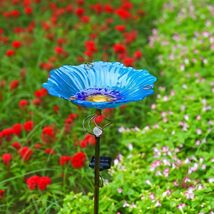 Illuminated Solar Glass Blue Bird Bath with Stable Metal Stake for Garde... - $70.24