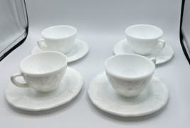 Drinking Glasses 4 Cup Saucer Sets Milk Glass Grape Indiana Co. 1940s  6 Inch. - £20.74 GBP