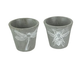 Set of 2 Cement Planters Bee Dragonfly Decorative Flower Plant Pot - $29.69