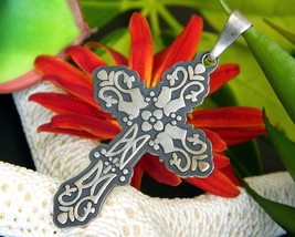 Cross Pendant Mexican Mexico Sterling Silver Overlay 925 Signed CII - £27.93 GBP