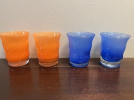 Blown Glass Drinking Glasses Lot Of 4 Two Orange Two Blue Nice Heavy Glasses - £30.06 GBP