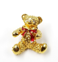 VTG Teddy Bear Red Bow Rhinestone Eyes Animal Toy Gold Tone Lapel Pin - £7.90 GBP