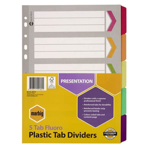 Marbig Manilla Plastic Tab Dividers A4 (Fluoro) - 5 Tab - $16.87