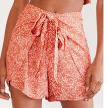 Lulus Most Perfect Day Coral Print Tie Front Shorts Pull On Textured Orange L - £18.92 GBP