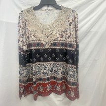 Women’s Boho Lace Neck Brown &amp; Blue Top Tunic 2XL - $20.57 CAD