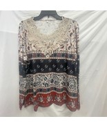 Women’s Boho Lace Neck Brown &amp; Blue Top Tunic 2XL - $285.59 MXN