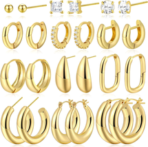 Chunky Gold Hoop Earrings Set 12 Pairs for Women Trendy, 14K Gold Plated Lightwe - £15.17 GBP