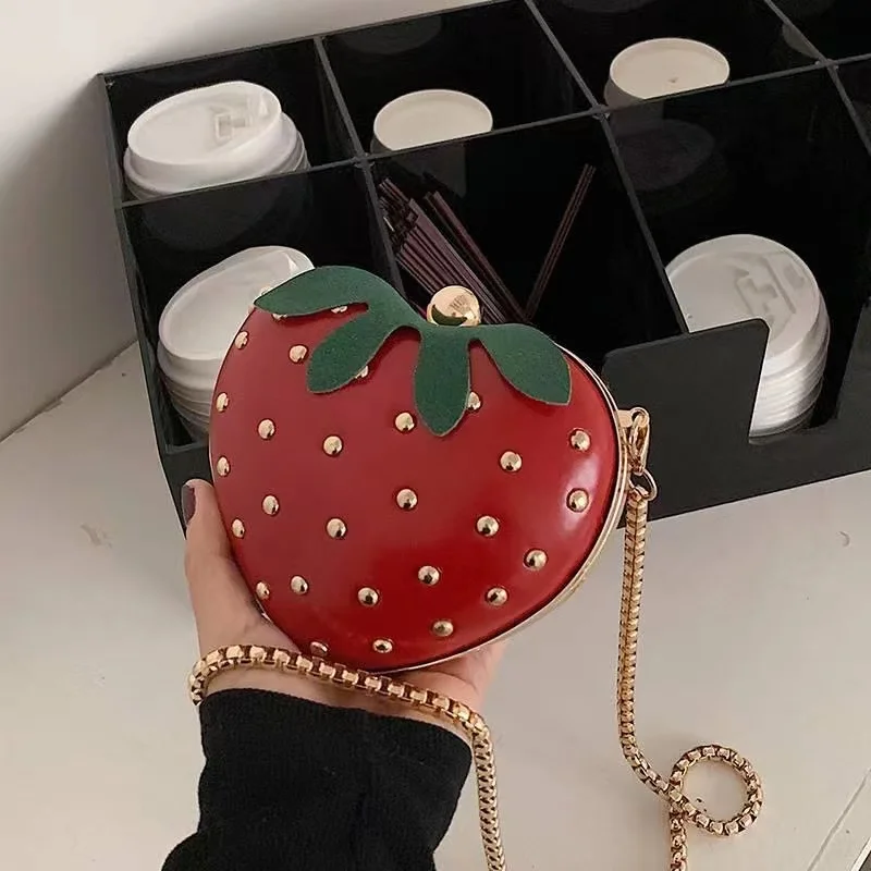 Cute Fruit Strawberry Heart Shape Pu Rivet Mini Fashion Ladies Chain Pur... - $49.21